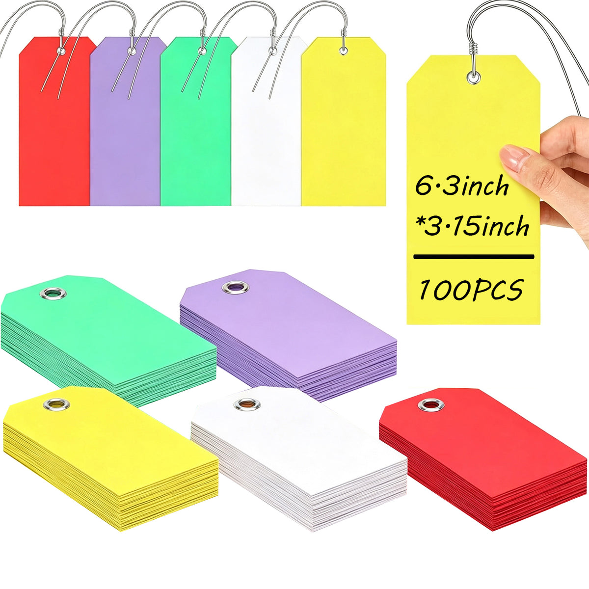 100 Pcs Waterproof Plastic Tags with Wire, 4 3/4" x 2 3/8", Multi Color