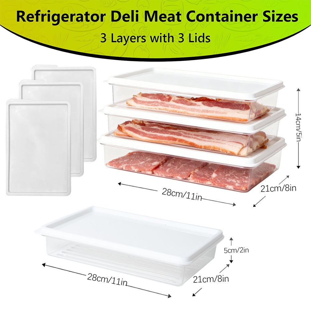 3pcs Deli Meat Container for Fridge, Stackable Ham and Cheese Storage Container with Lids, Bacon Lunch Meat keeper for Refrigerator, Transparent Cold Cuts Storage Containers, BPA Free