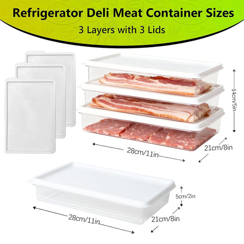 3pcs Deli Meat Container for Fridge, Stackable Ham and Cheese Storage Container with Lids, Bacon Lunch Meat keeper for Refrigerator, Transparent Cold Cuts Storage Containers, BPA Free