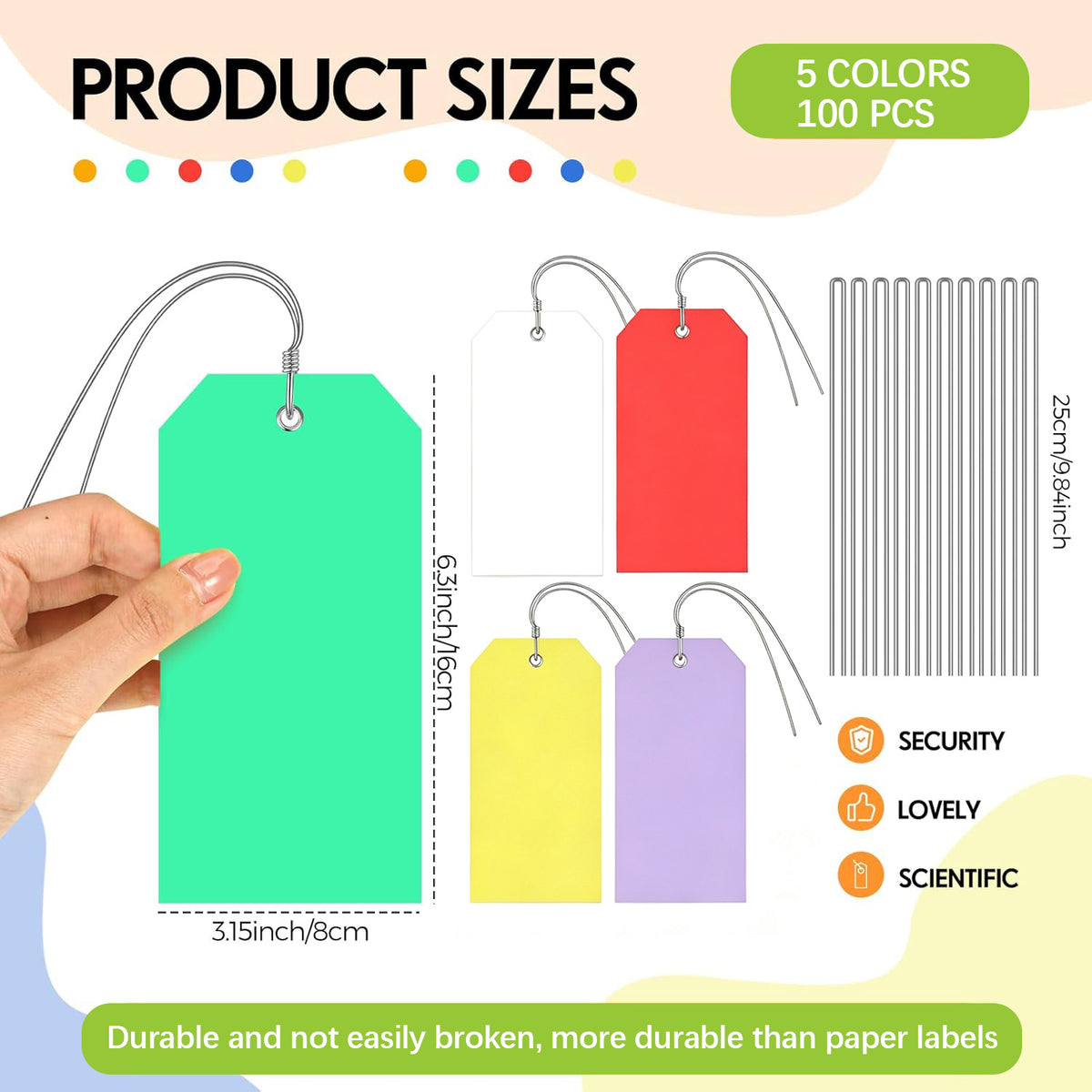 100 Pcs Waterproof Plastic Tags with Wire, 4 3/4" x 2 3/8", Multi Color