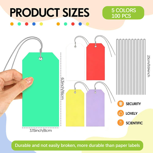 100 Pcs Waterproof Plastic Tags with Wire, 4 3/4" x 2 3/8", Multi Color