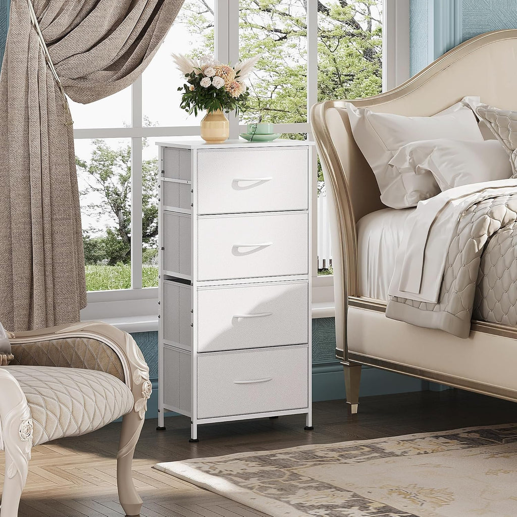 Storage Tower with 4 Drawers - Fabric Dresser, Organizer Unit for Bedroom, Living Room, Closets - Sturdy Steel Frame, Easy Pull Fabric Bins & Wooden Top