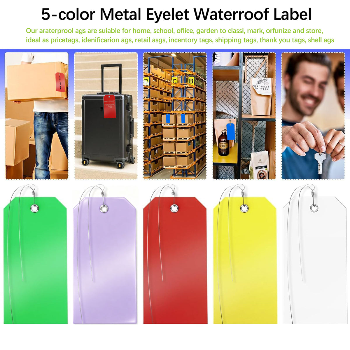 100 Pcs Waterproof Plastic Tags with Wire, 4 3/4" x 2 3/8", Multi Color