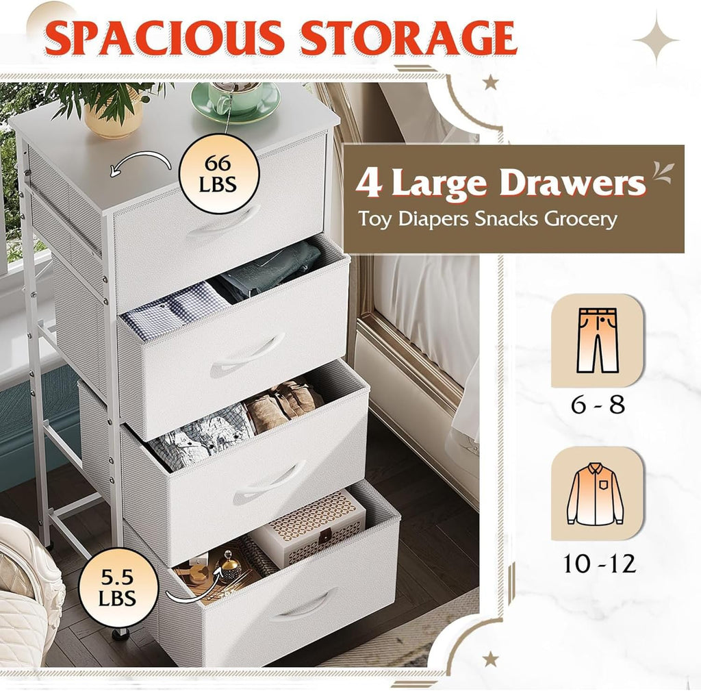 Storage Tower with 4 Drawers - Fabric Dresser, Organizer Unit for Bedroom, Living Room, Closets - Sturdy Steel Frame, Easy Pull Fabric Bins & Wooden Top