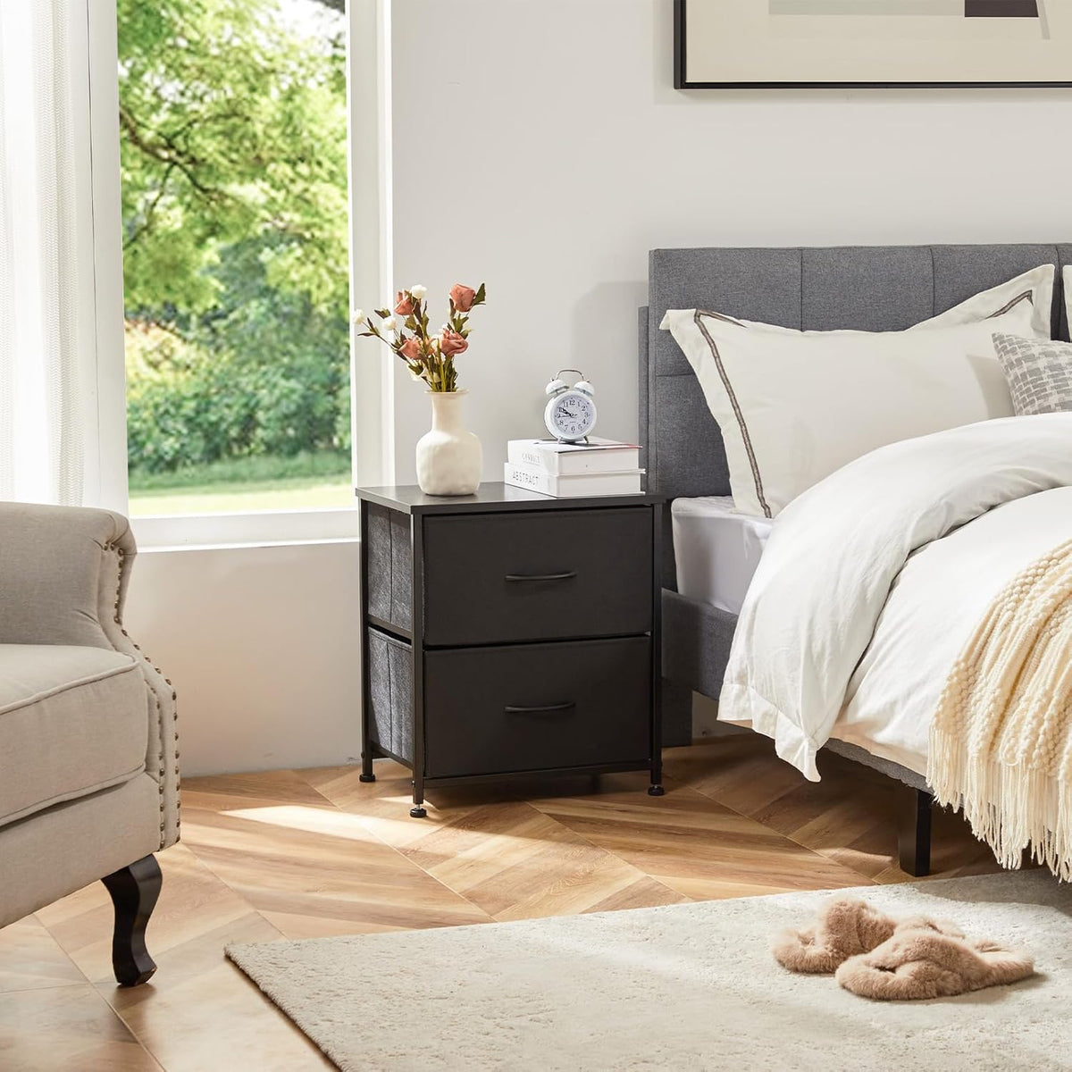 Nightstand with 2 Fabric Drawers, Bedside Table, Side End Table