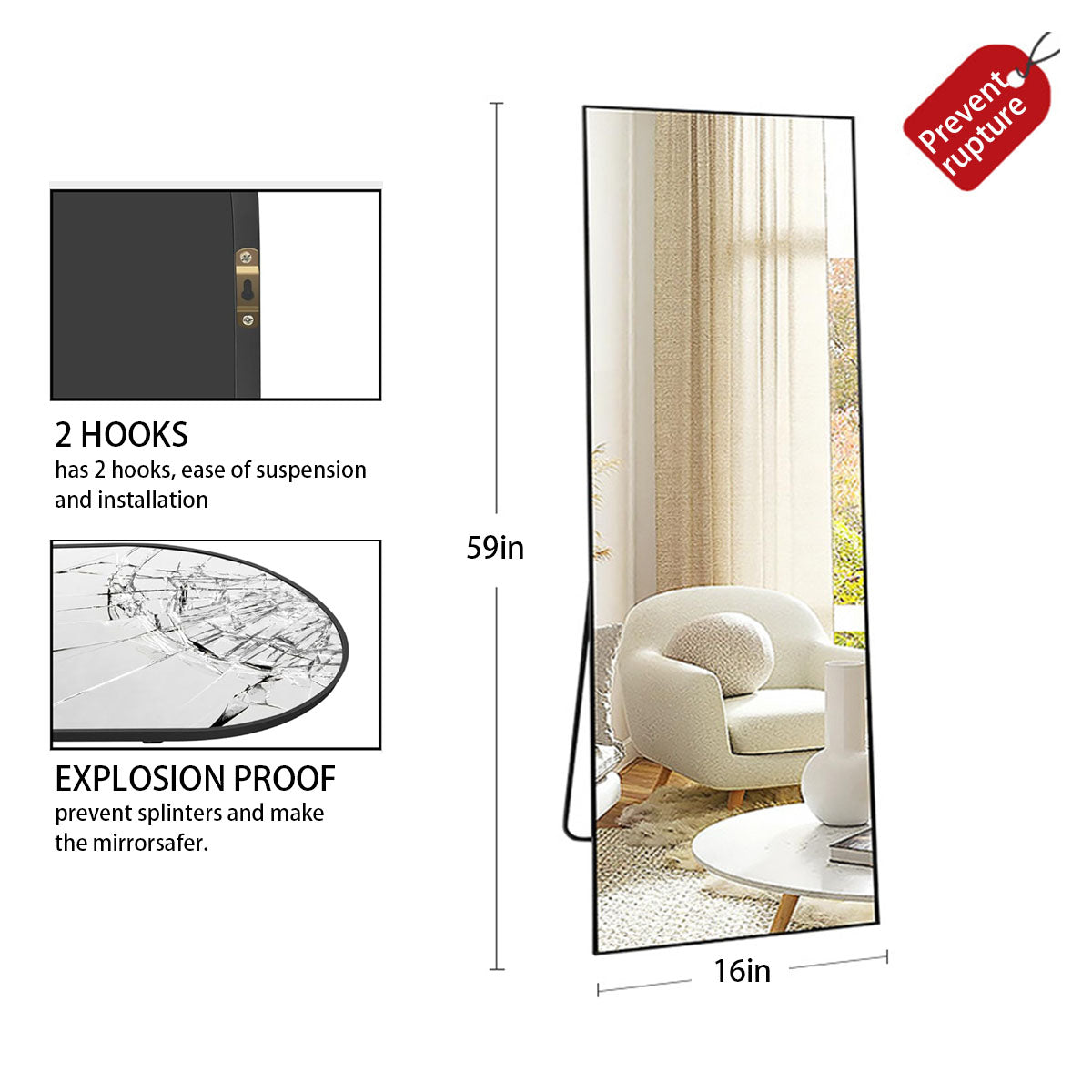 Full Length Mirror with Stand, Black Floor Mirror 59x16in